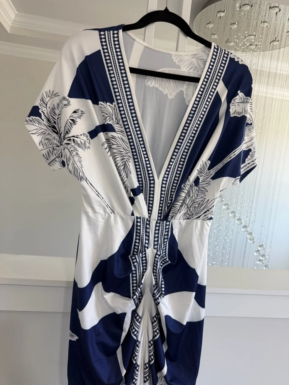 Commense Navy and White Tropical Print V Neck Ruched Dress - Picture 8 of 11